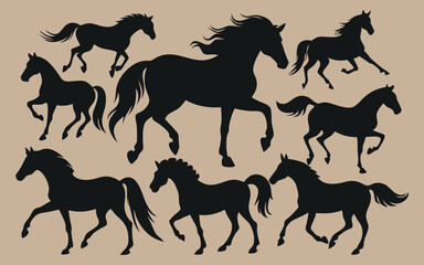 Black Horse Silhouettes in Various Running Poses