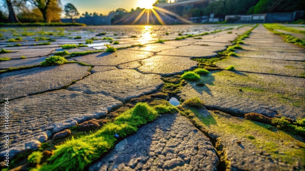 Poster a close-up view of a cracked stone path with vibrant green moss growing between the cracks, bathed i