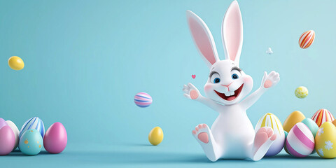 Lachender Osterhase lustige Figur im Cartoon Stil mit Ostereier, Ostern Plakat