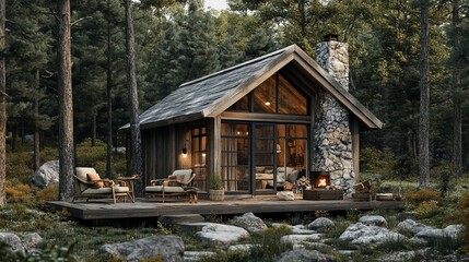 Cozy cabin in a forest with a stone fireplace and large windows.