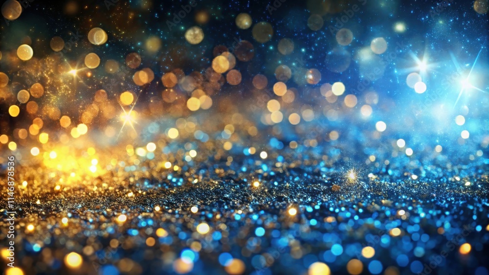 Poster a shimmering background of golden and blue bokeh lights, creating a festive and celebratory atmosphe