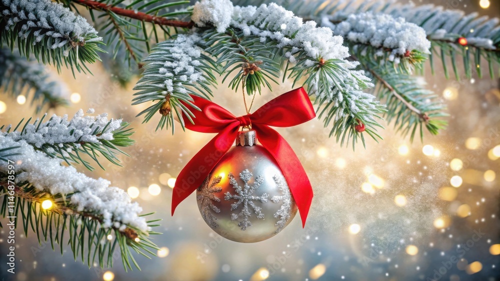 Poster a festive silver ornament with a red bow adorns a snowy evergreen branch, creating a magical winter 