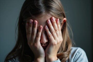 Fototapeta premium Emotional Girl Hiding Face with Hands in Dark Background - Perfect for Mental Health Awareness, Emotional Wellness, and Self-Care Campaigns.
