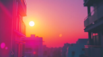 Stunning cyberpunk city skyline featuring a sunset with a glitchy animation style, perfect for a wallpaper background.