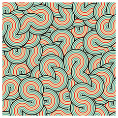 Abstract pattern with interlocking swirls in red, green, and beige lines, An eye-catching design with swirling patterns in various colors, offering a playful and artistic visual experience.