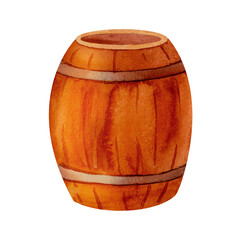 Wooden barrel with sturdy metal hoops, painted in warm earthy tones. This detailed watercolor illustration is perfect for pirate-themed parties, treasure hunts, or rustic decor in children's books.