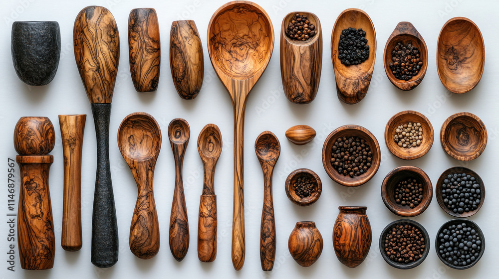 Wall mural Flat lay of olive wood kitchen utensils and peppercorns.