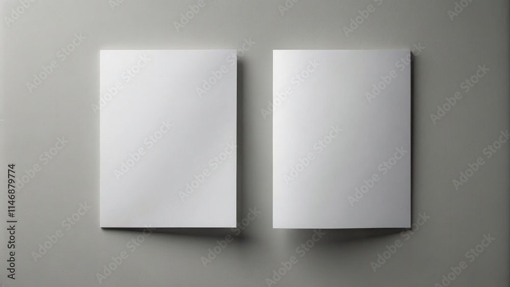 Poster two blank sheets of paper lay flat on a light grey surface