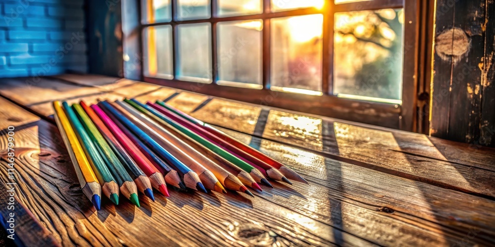Poster a group of colorful pencils arranged on a rustic wooden table with sunlight streaming through a wind