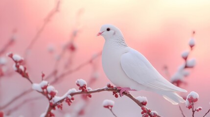 Fototapeta premium White dove perched on snow-covered branch at sunrise.
