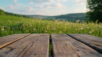 a beautiful spring green meadow, an empty wooden table awaits product placement, surrounded by a blurred natural background that offers generous copy space.