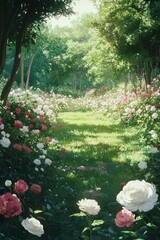 Beautiful red flowers bloom in the spring garden, attracting bees and butterflies along the winding path