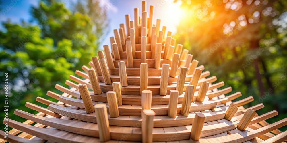 Poster a close-up view of a wooden structure, showcasing intricate craftsmanship and layered design, bathed