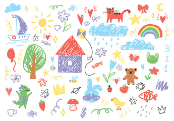 olorful Set of Childish Drawings. Naive Pencil Sketches of Various Objects Including House Tree Rainbow Sun Clouds Flowers. Bright Crayon Doodle Elements. Vector Flat Illustration Isolated on White