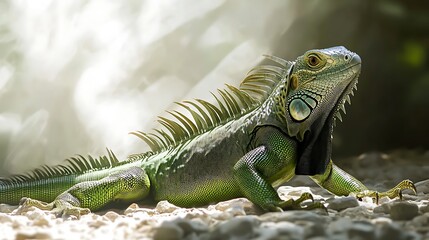 Fototapeta premium Green Iguana Reptile on Rocky Ground