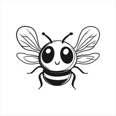 black and white cute bee cartoon character icon line Silhouette vector