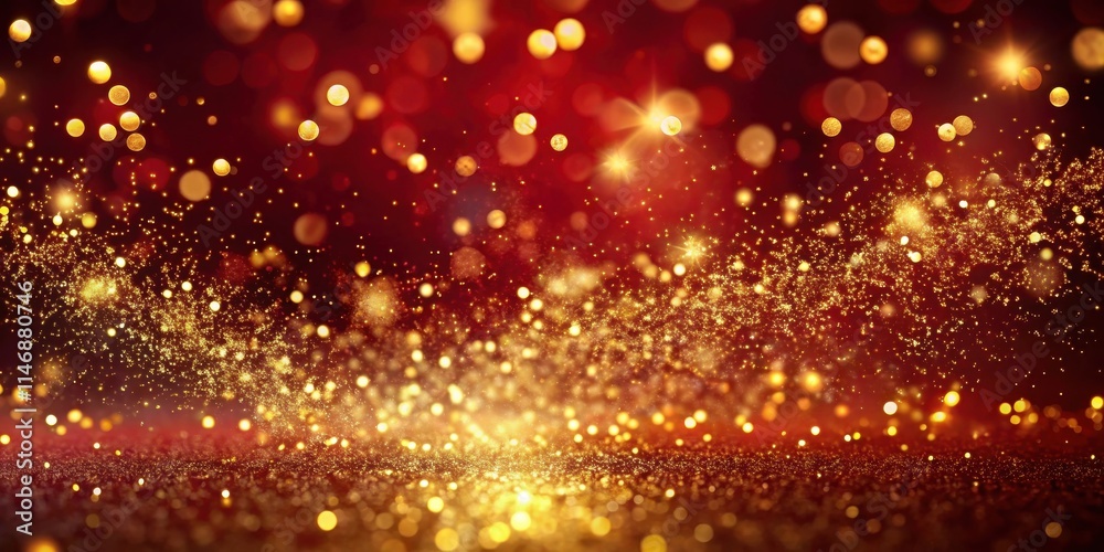 Poster A dazzling background with shimmering golden glitter and out of focus lights on a deep red surface.