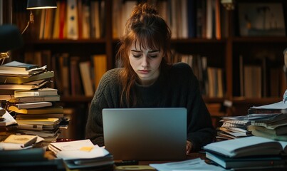 A woman studies intently at a cluttered desk with a laptop and books.