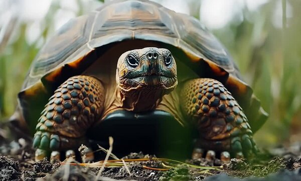 A close-up of a tortoise in a natural setting, showcasing its textured shell and environment.