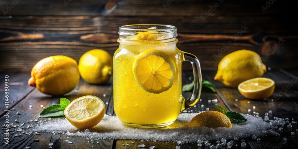 Poster a glass of refreshing homemade lemonade with sliced lemon and sugar on a rustic wooden table