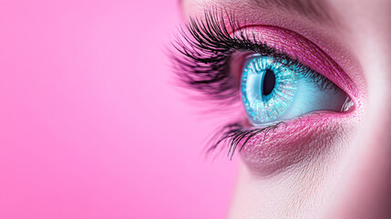 Close-up View of Vibrant Blue Eye With Colorful Makeup Against a Pink Background