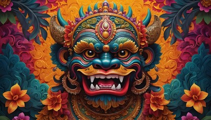 Obraz premium Vibrant Balinese Rangda Mask: A Digital Masterpiece