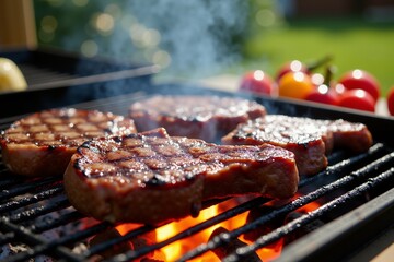 Savor the Flavor: Juicy Steaks Sizzling on the Grill, Perfect for a Delicious Outdoor BBQ Experience.