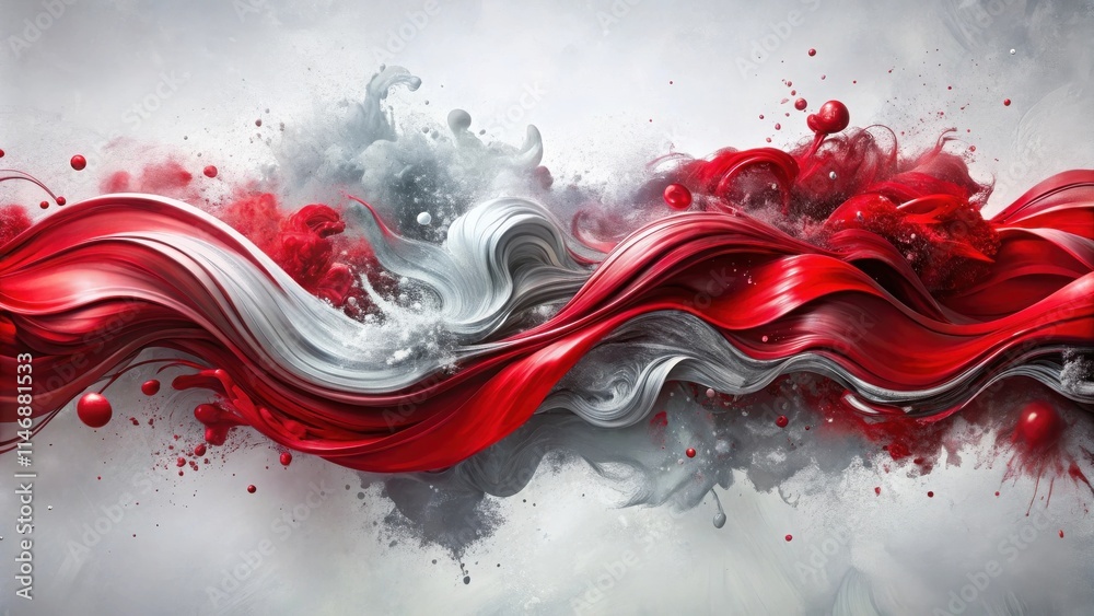 Poster fluid dance of red and silver abstract motion of swirling paint splashes and spheres on a light grey