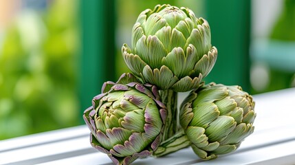 Fototapeta premium Three fresh artichokes on white surface.