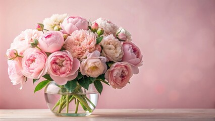 Obraz premium A Delicate Bouquet of Pink Peonies in a Clear Vase on a Light Wooden Surface Against a Soft Pink Background