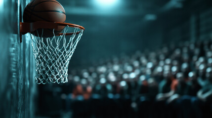 Close-up View of a Basketball Flying Towards the Hoop During a Game in an Indoor Arena