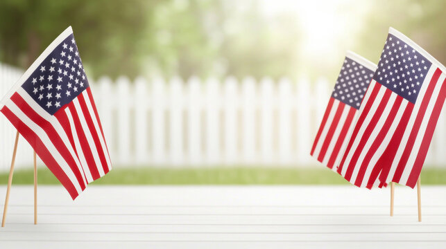 Profile View of American Flags Displayed on Memorial Day During a Sunny Afternoon in a Garden Setting - Powered by Adobe