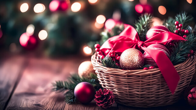 Red and gold Christmas tree balls and pine cones in a wicker basket with fir branches on a wooden floor. Copy space.