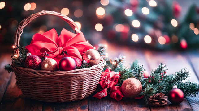 Red and gold Christmas tree balls and pine cones in a wicker basket with fir branches, red bow. Copy space.