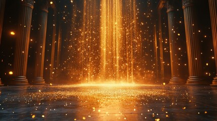 Enchanted golden particles descending in mystical temple setting