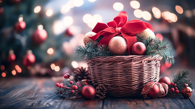 Red and gold Christmas tree balls and pine cones in a wicker basket with fir branches. Copy space.