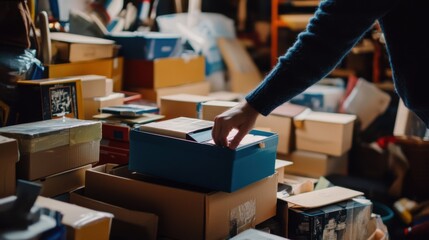 A Person Searching Through Vintage Boxes in a Cluttered Room Filled with Old Books, Photographs, and Various Collectibles Suggesting Nostalgia and Memories