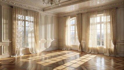 Sunlight Streaming Through Lace Curtains in an Elegant Room with White Wainscot and Hardwood Floors