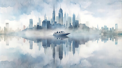 Fototapeta premium Abstract urban skyline mirrored in a speedboat's dynamic race blending art and velocity, illustration