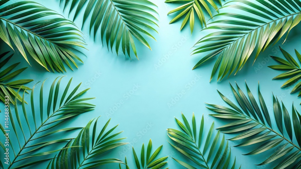 Poster a vibrant turquoise background adorned with a symmetrical arrangement of lush green palm leaves, cre