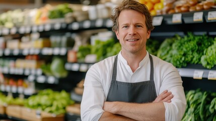 Friendly grocery store employee standing in front of fresh produce display, showcasing a welcoming atmosphere and vibrant healthy food options for shoppers