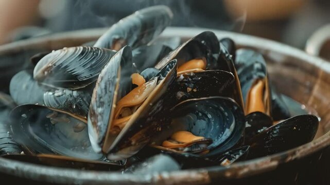 Close up of boiled mussels in bowl in restaurant