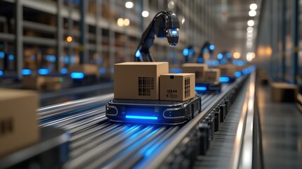 Automated warehouse with robotic arms and conveyor belts for efficient package handling