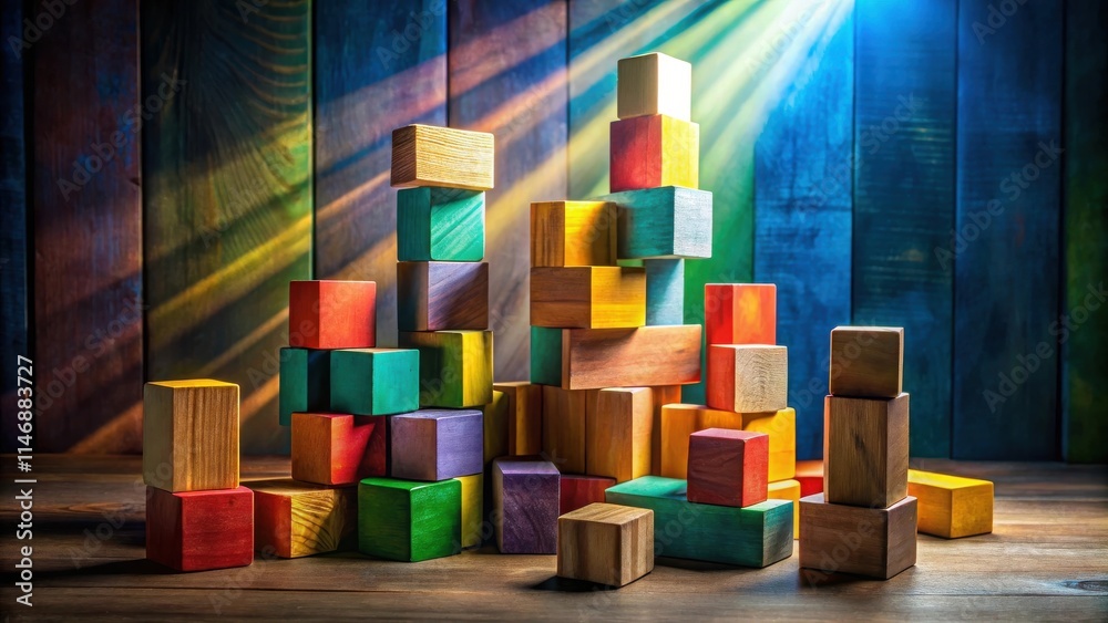 Poster colorful wooden blocks stacked in a creative and playful arrangement against a rustic wooden backgro