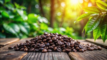 Obraz premium Freshly Roasted Coffee Beans on a Wooden Table with a Lush Green Background