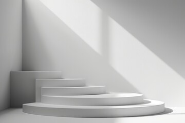 Fototapeta premium Elegant minimalist spiral staircase with sunlight casting shadows, showcasing modern architectural design in a serene white interior.