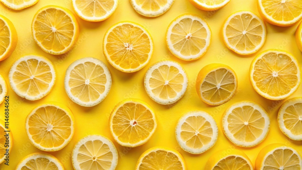 Poster A Vibrant Display of Lemon Slices Arranged in a Geometric Pattern on a Bright Yellow Background