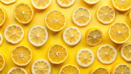 Obraz premium A Vibrant Display of Lemon Slices Arranged in a Geometric Pattern on a Bright Yellow Background
