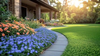 Fototapeta premium Lush garden path by house.