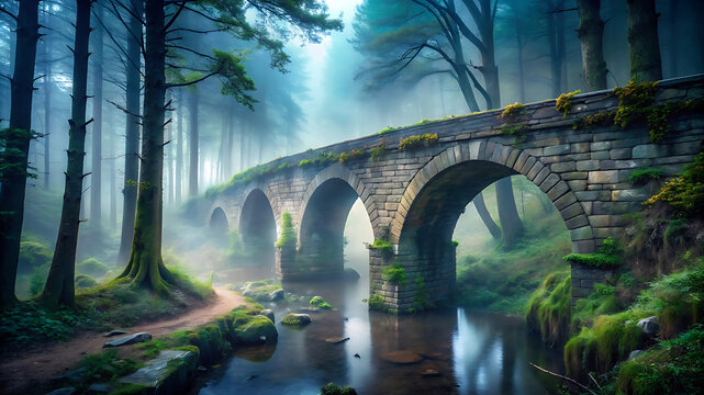 Eerie stone bridge with gothic arches fading into dense fog in a mysterious dark forest landscape - Powered by Adobe